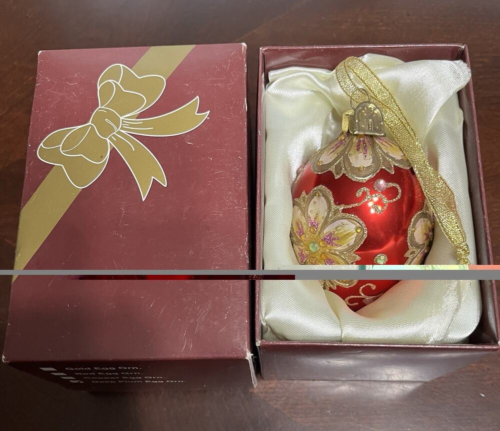 Thomas Pacconni Glass Egg Shaped Christmas Ornament Red & Gold Glitter Floral